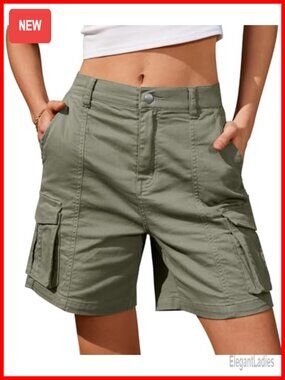 Women's Cargo Bermuda Shorts 6 Pockets High Rise Knee Length Cotton Stretch